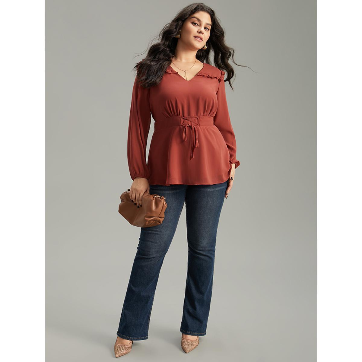Plus Size Rust Chiffon Lace Up Shirred Frill Trim Blouse Women Office Long Sleeve V-neck Work Blouses BloomChic 28/5X Product Image