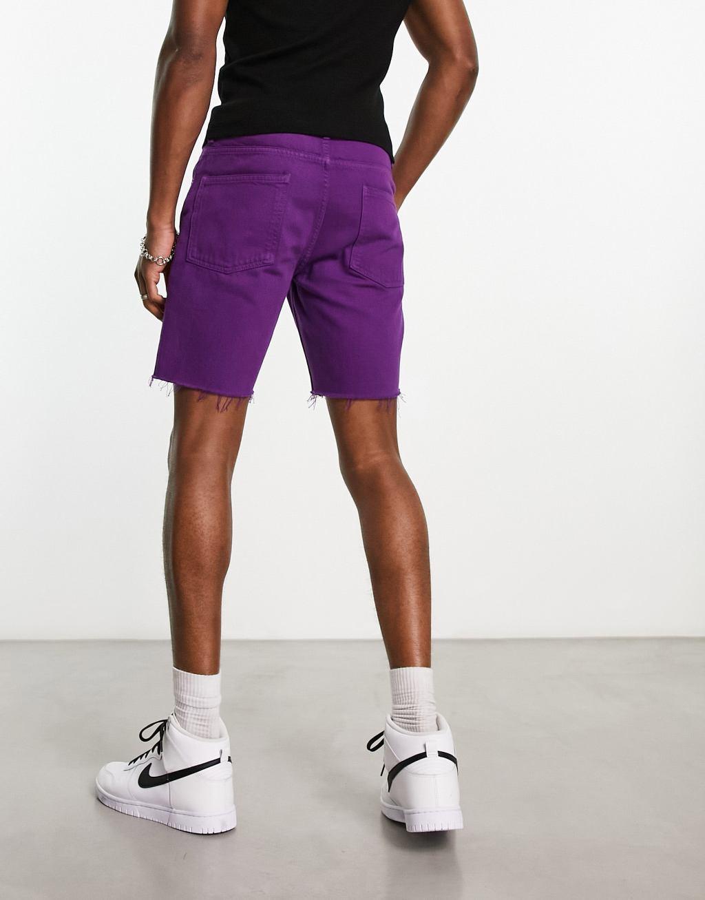 ASOS DESIGN classic rigid regular length shorts in purple with varsity print Product Image