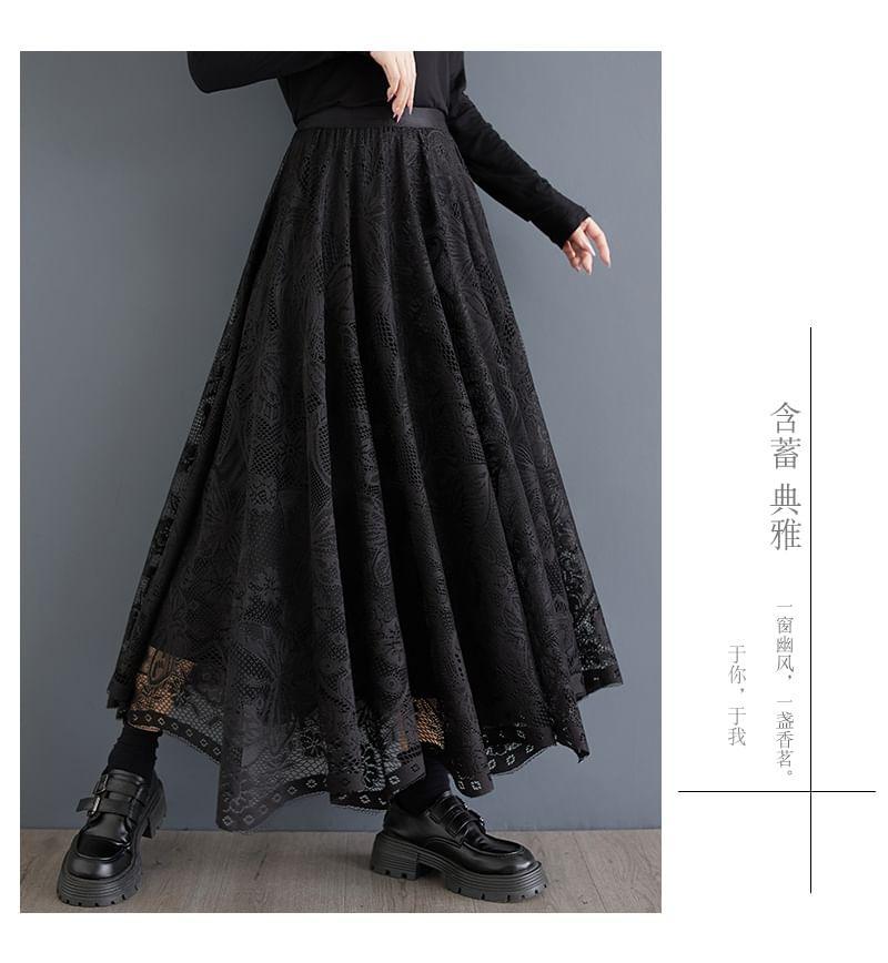 High Rise Lace Midi A-Line Skirt Product Image