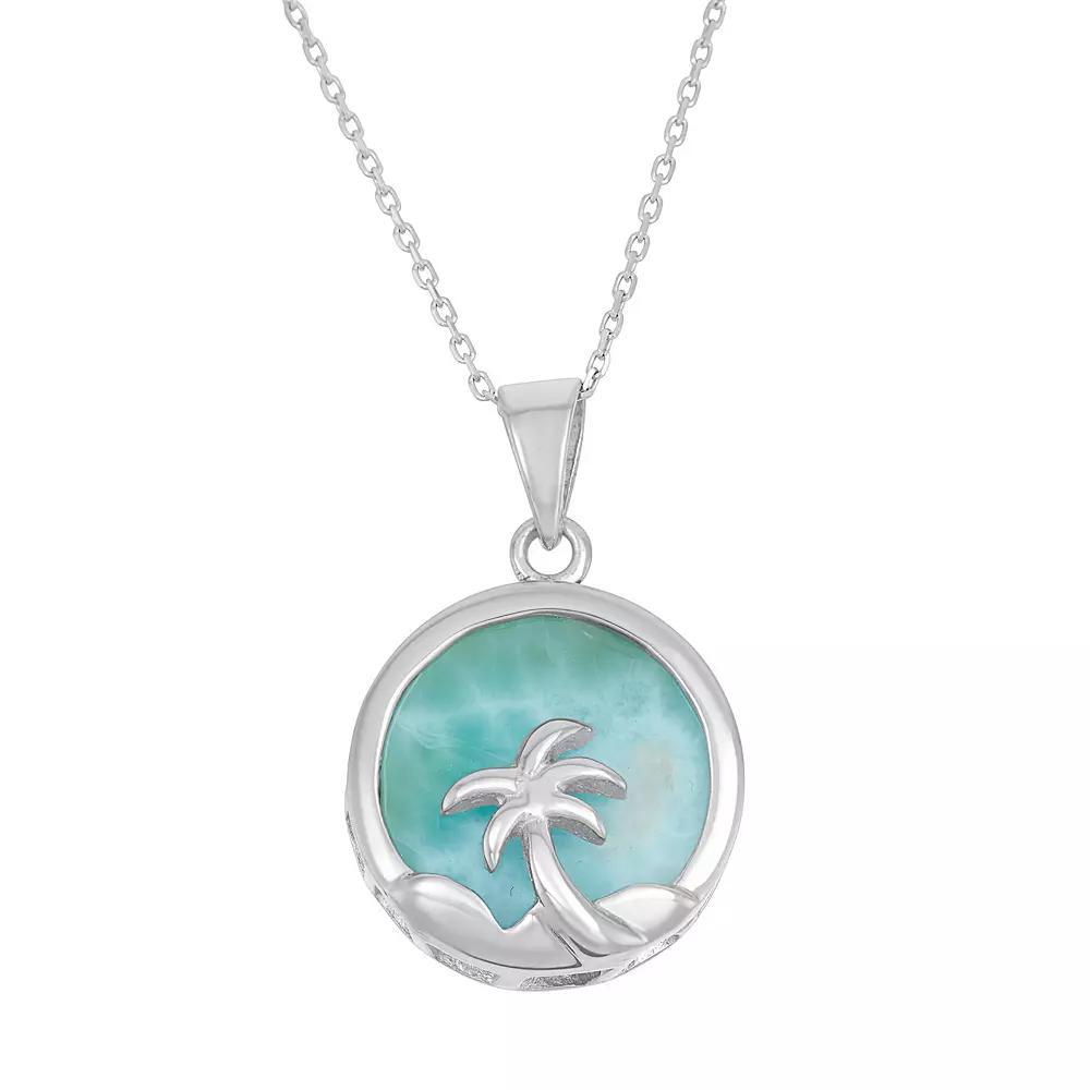 Larimar Sterling Silver Palm Tree Disc Pendant Necklace, Womens Blue Product Image