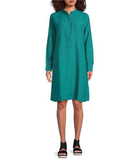 Eileen Fisher Organic Linen Mandarin Collar Long Sleeve Dress Product Image