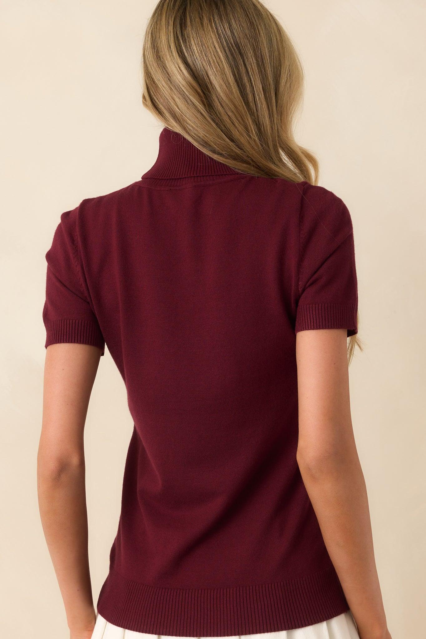 In Just A Minute Wine Ribbed Turtleneck Short Sleeve Sweater Product Image