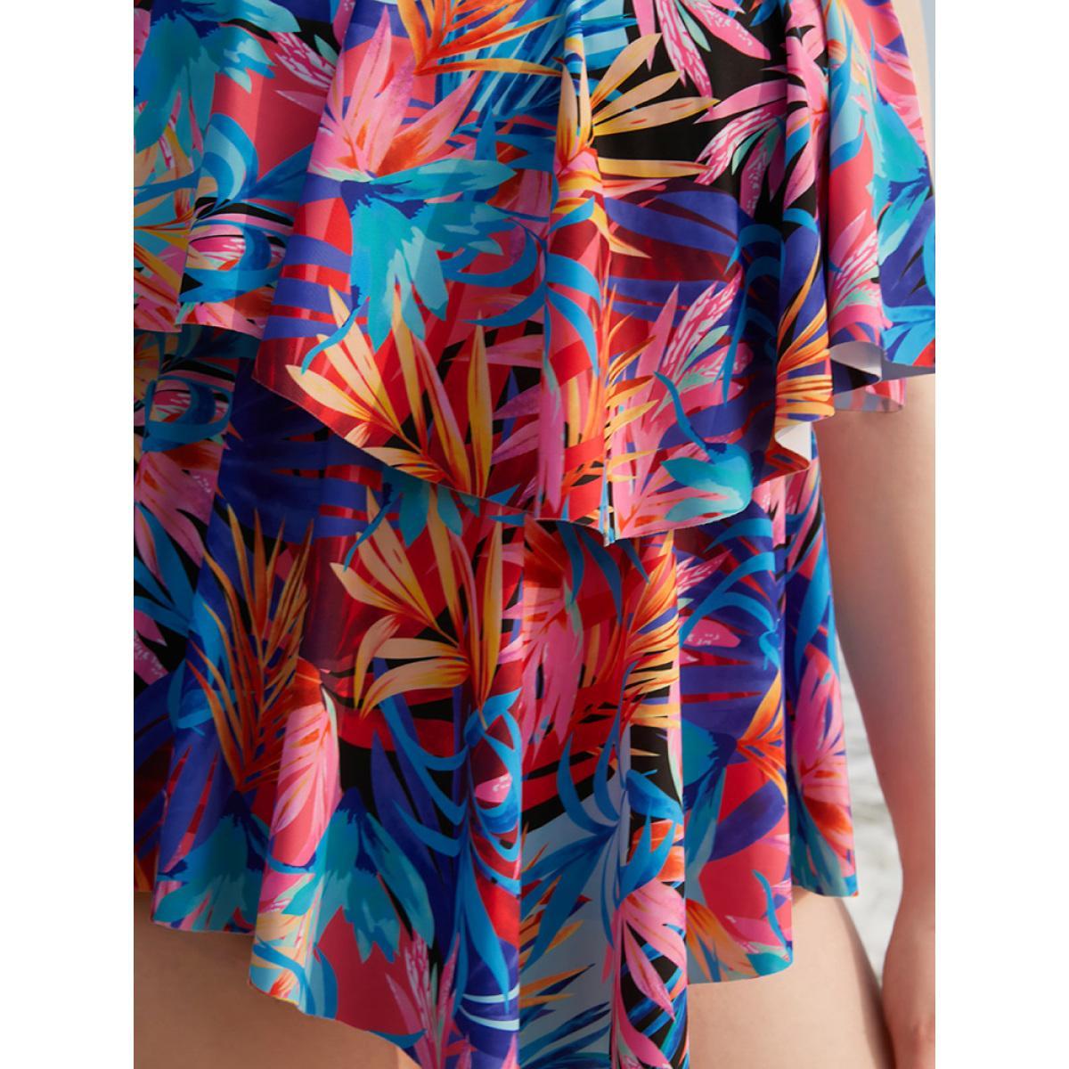 Plus Size Tropical Print Ruffle Tiered Tankini Top Women's Swimwear Multicolor Vacation Adjustable Straps High stretch Bodycon Round Neck Curve Swim Tops BloomChic 18-20/2X Product Image