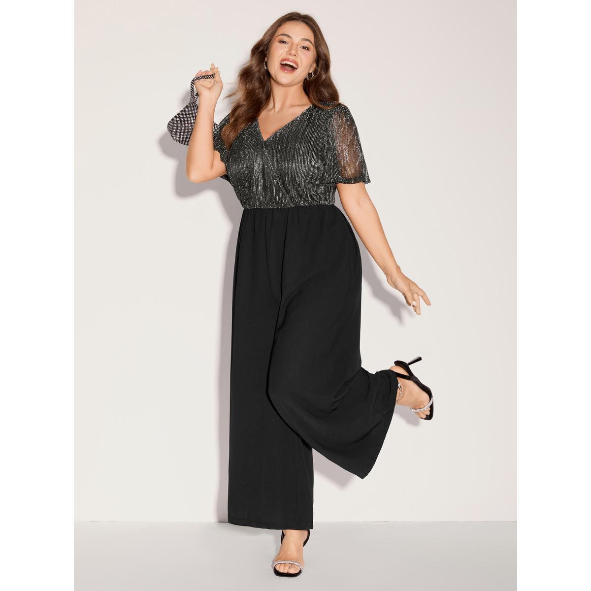 Plus Size Black Shimmery Bow Back Tie Contrast Jumpsuit Women Short sleeve Overlap Collar Party Loose Jumpsuits BloomChic 14-16/1X Product Image