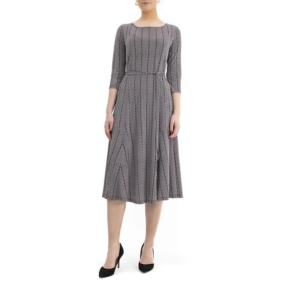 Women's Nina Leonard Belted 3/4 Sleeve Print Midi Dress, Size: Medium, Dusty Pink Product Image