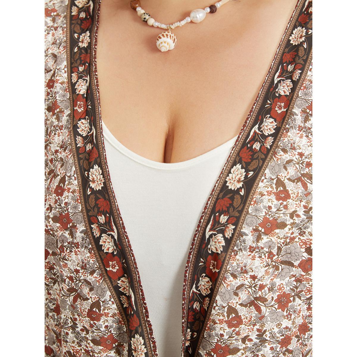 Plus Size Bandana Print Belted Open Front Bell Sleeve Kimono Women Maroon Resort Belted Loose Belt Vacation Kimonos BloomChic 10/M Product Image