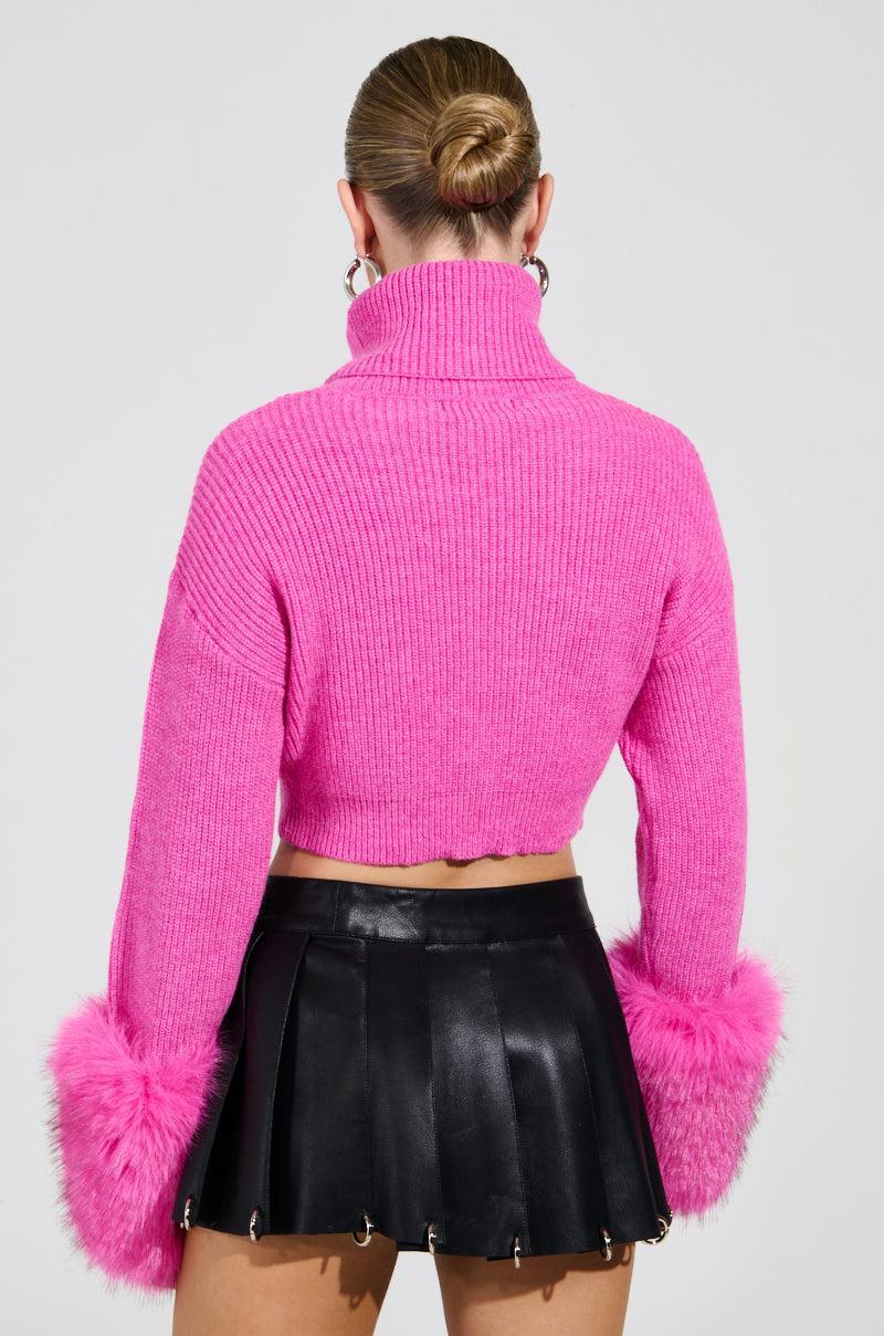 SYDNEY FUR CUFF CROPPED SWEATER IN HOT PINK Product Image