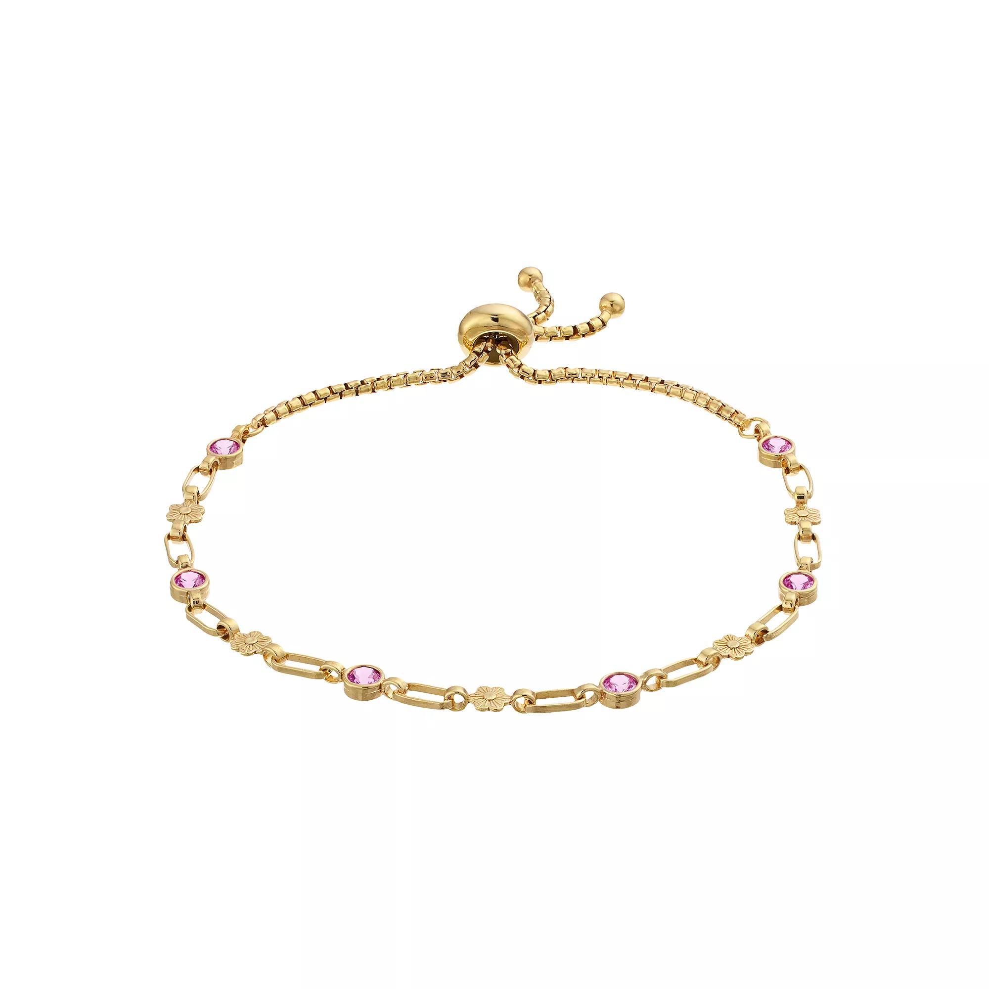 Kristen Kesho Sterling Silver Lab-Created Pink Sapphire & Flower Link Adjustable Bolo Bracelet, Women's, Size: 9.50, Pink Tone Product Image