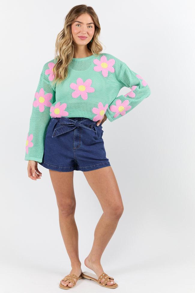 Follow You Around Mint And Pink Flower Embroidered Sweater SALE Product Image