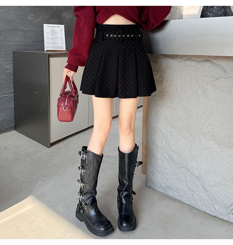 Set: High Waist Dotted Pleated Mini A-Line Skirt + Belt Product Image