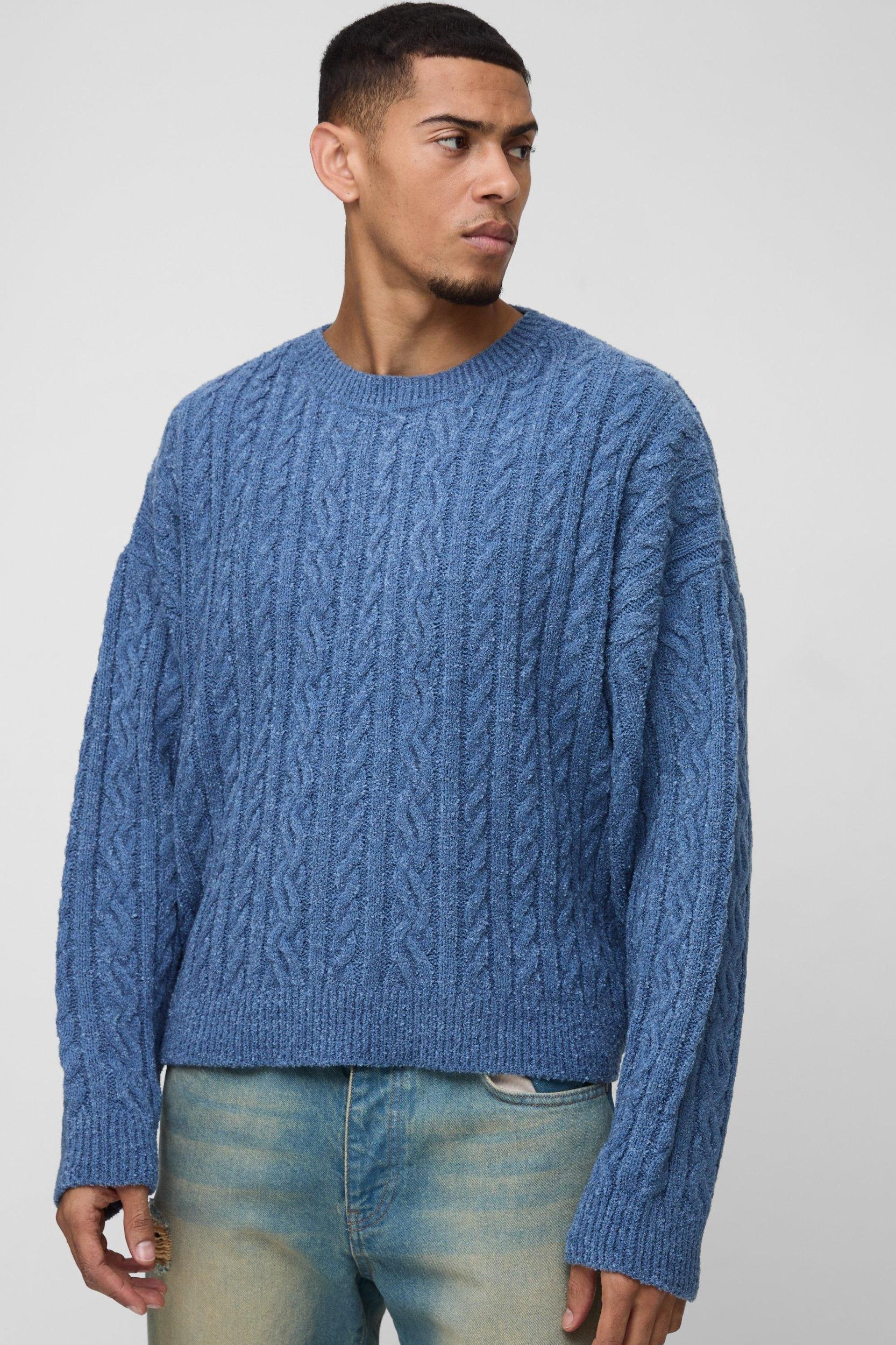 Boucle Cable Knit Boxy Sweater | boohooMAN USA Product Image