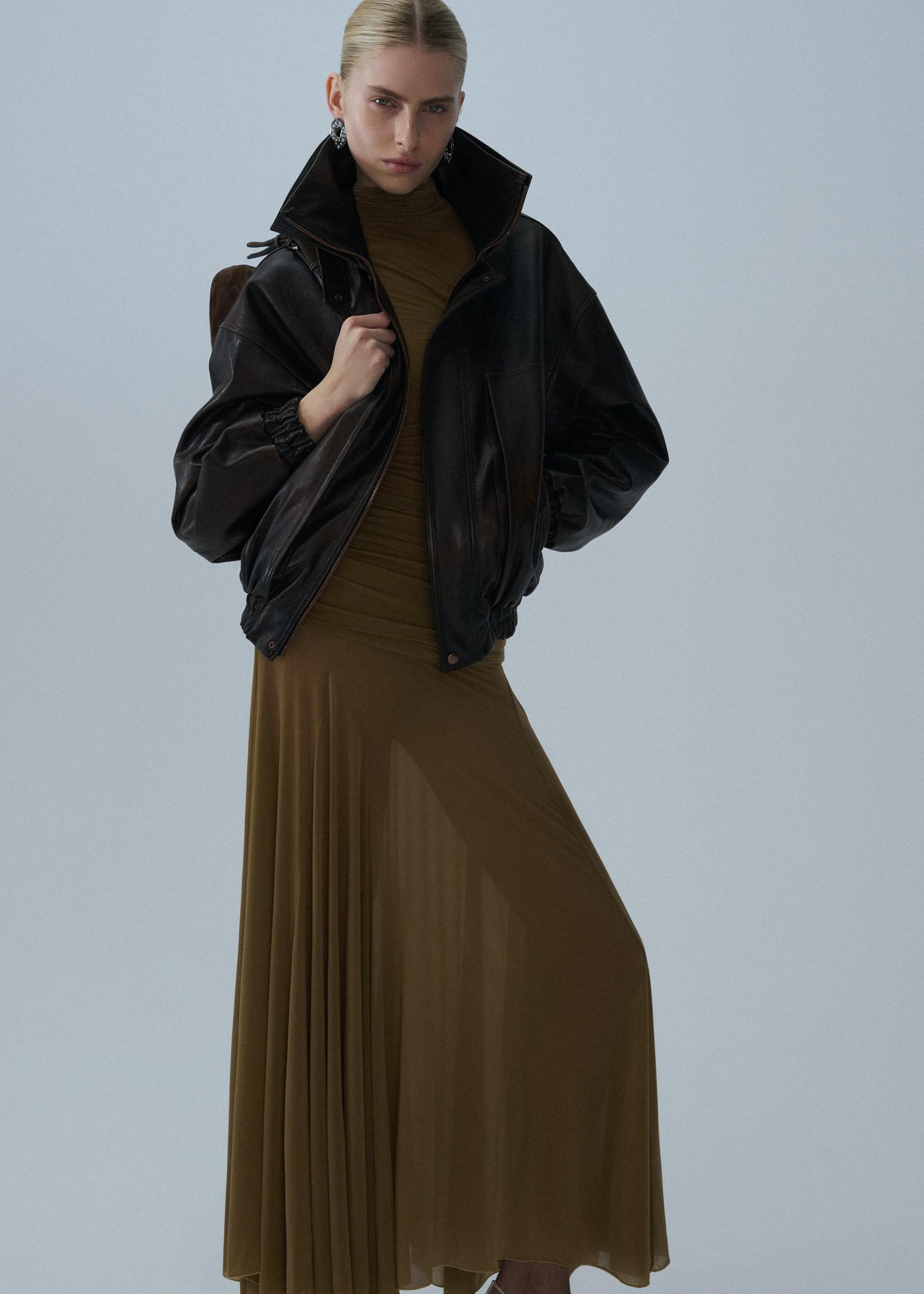 High-neck cupro midi dress in beige Product Image