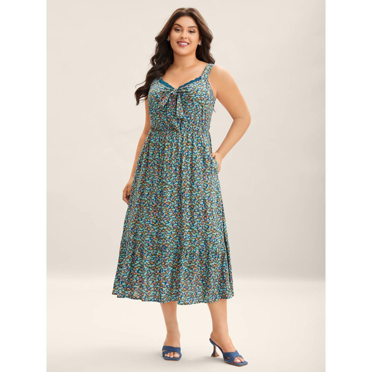 Plus Size Ditsy Floral Print Neck Ribbon Midi Dress Aegean Women Heart neckline Sleeveless Curvy BloomChic 14-16/1X Product Image