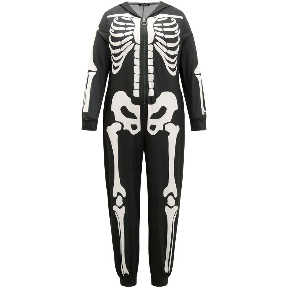 Plus Size Halloween Skull Print Hooded Zipper Sleep Jumpsuit Women Black Casual Graphic-Halloween Printed Hooded Pocket Loungewear BloomChic 18-20/2X Product Image