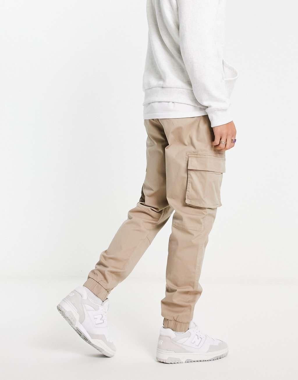 Only & Sons tapered fit cuffed cargo pants in stone Product Image