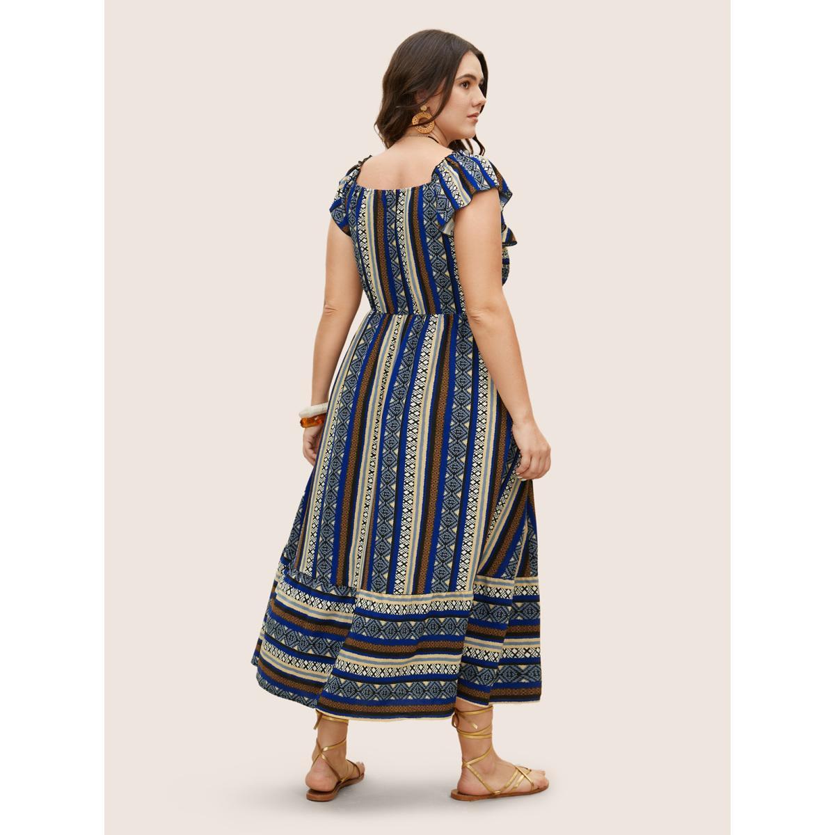 Plus Size Bandana Striped Shirred Ruffle Trim Dress Mediumblue Women Resort Shirred Square Neck Cap Sleeve Curvy BloomChic 28/5X Product Image