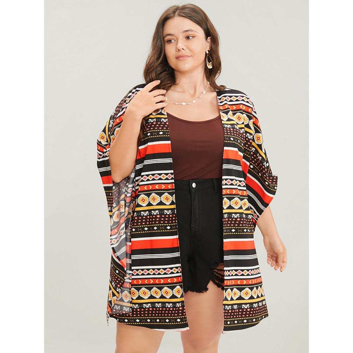 Plus Size Bandana Dolman Sleeve Open Front Cover Up Women Multicolor Vacation Loose Dailywear Kimonos BloomChic 12/L Product Image
