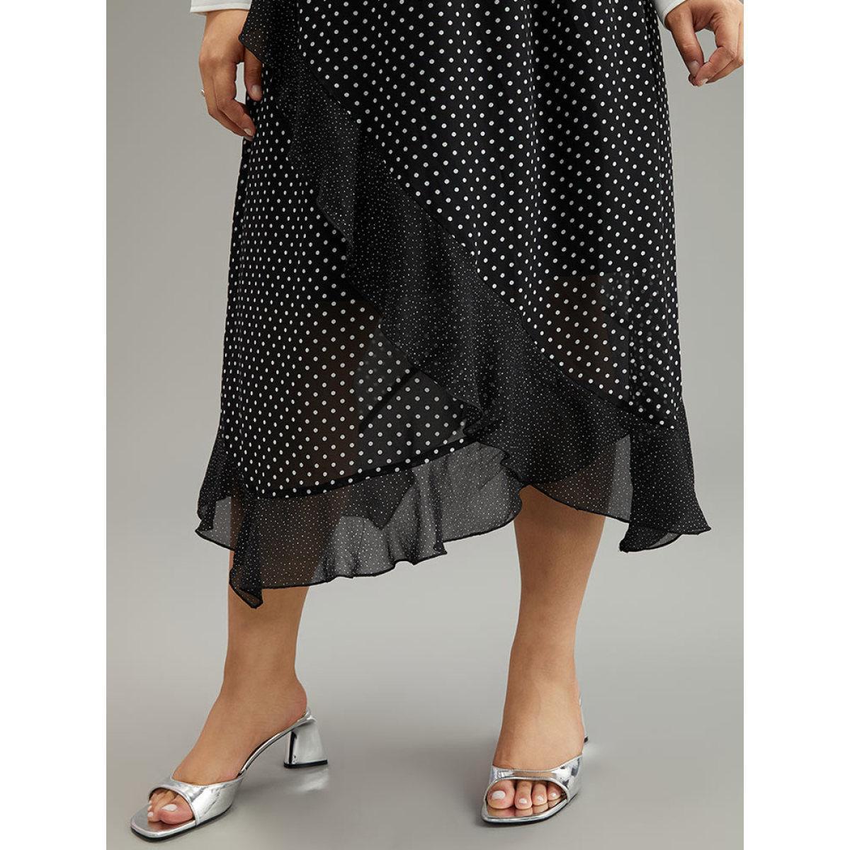 Plus Size Polka Dot Ruffles Elastic Waist Mesh Patchwork Skirt Women Black Elegant See through No stretch Dailywear Skirts BloomChic 28/5X Product Image