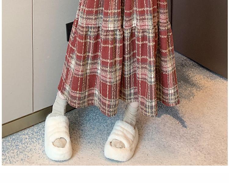 High Waist Plaid Midi Pleated A-Line Skirt Product Image