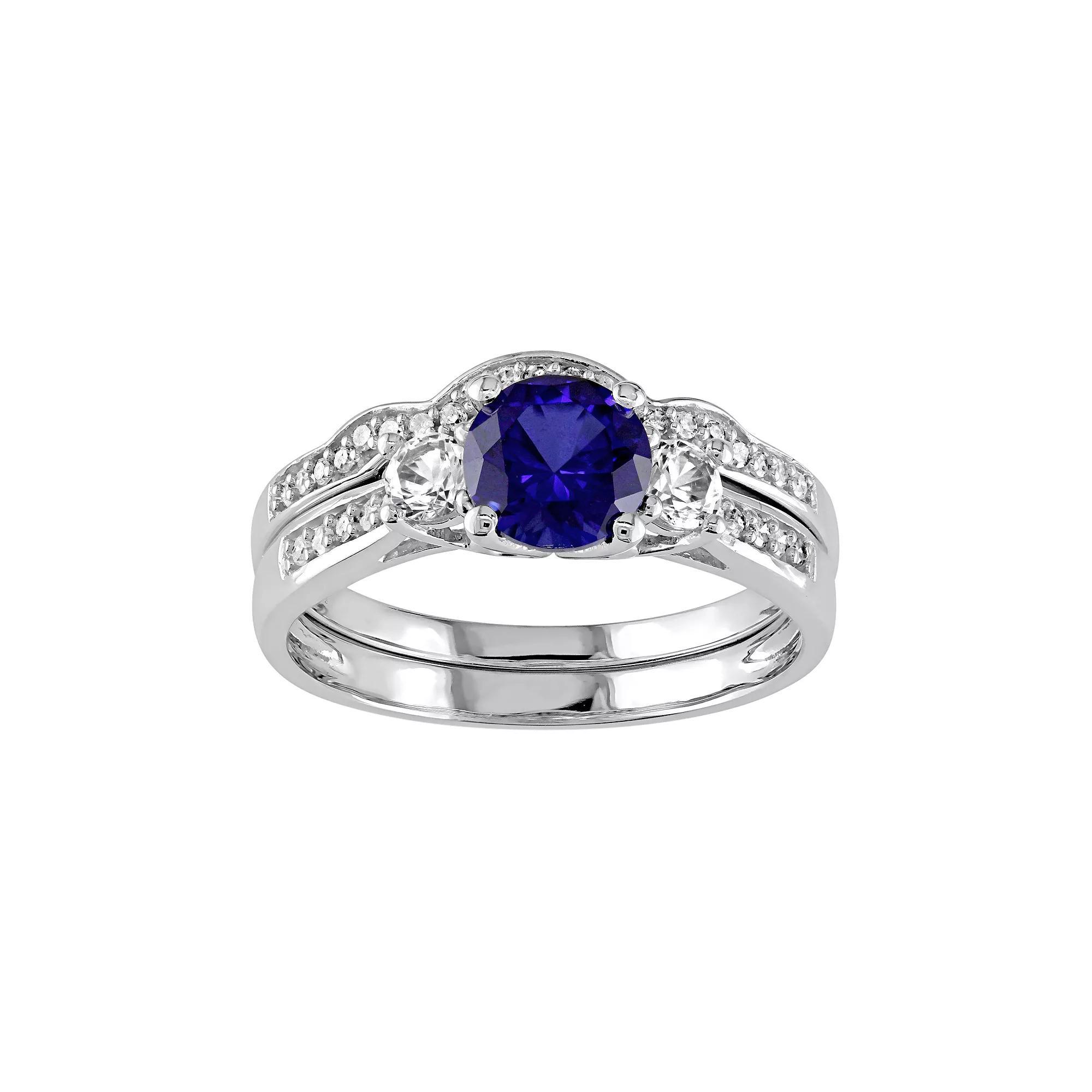 Stella Grace Lab-Created Blue & White Sapphire & 1/8 Carat T.W. Diamond 10k White Gold 3-Stone Engagement Ring Set, Womens Product Image
