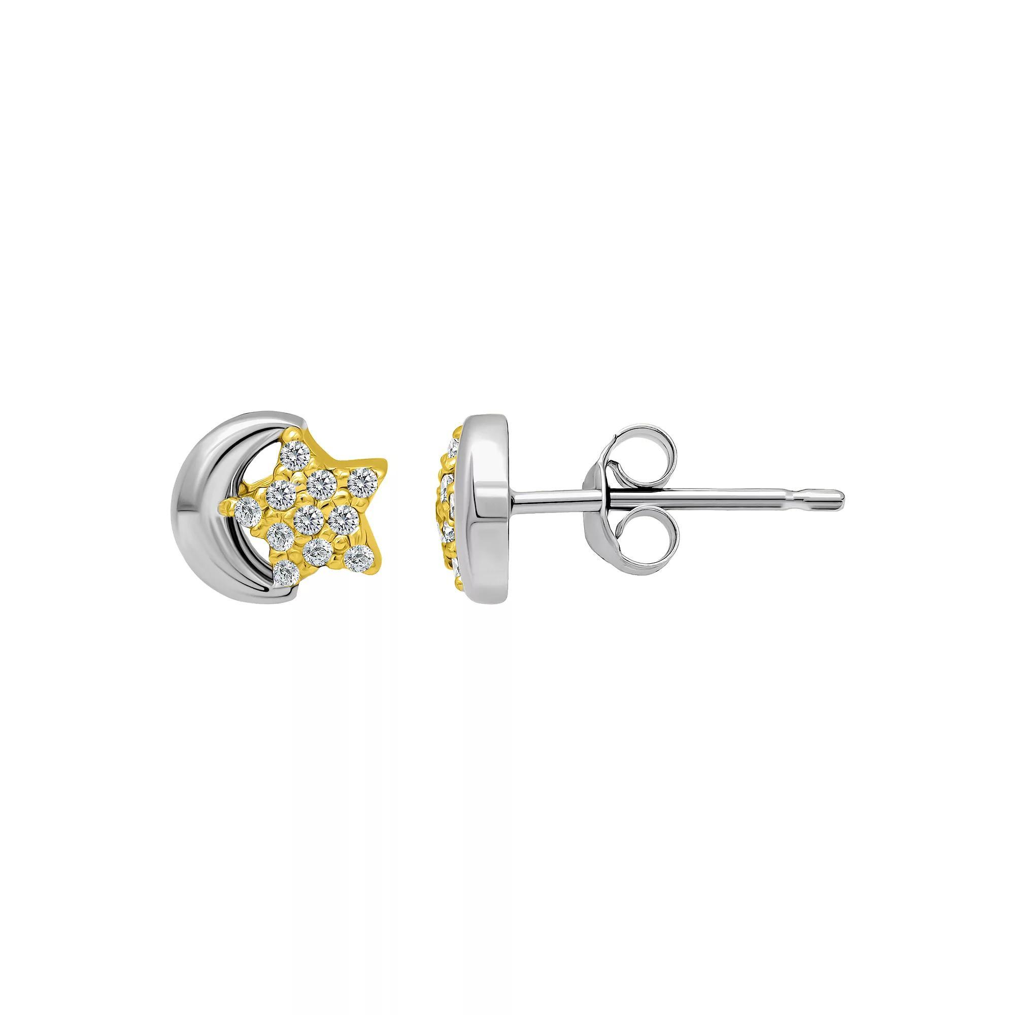 Aleure Precioso Sterling Silver Cubic Zirconia Star & Cresent Moon Stud Earrings, Women's, Two Tone Product Image