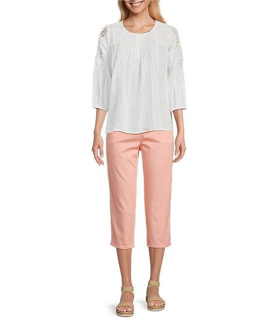 Intro Cotton Voile Crew Neck 3/4 Sleeve Lace Trim Peasant Blouse Product Image