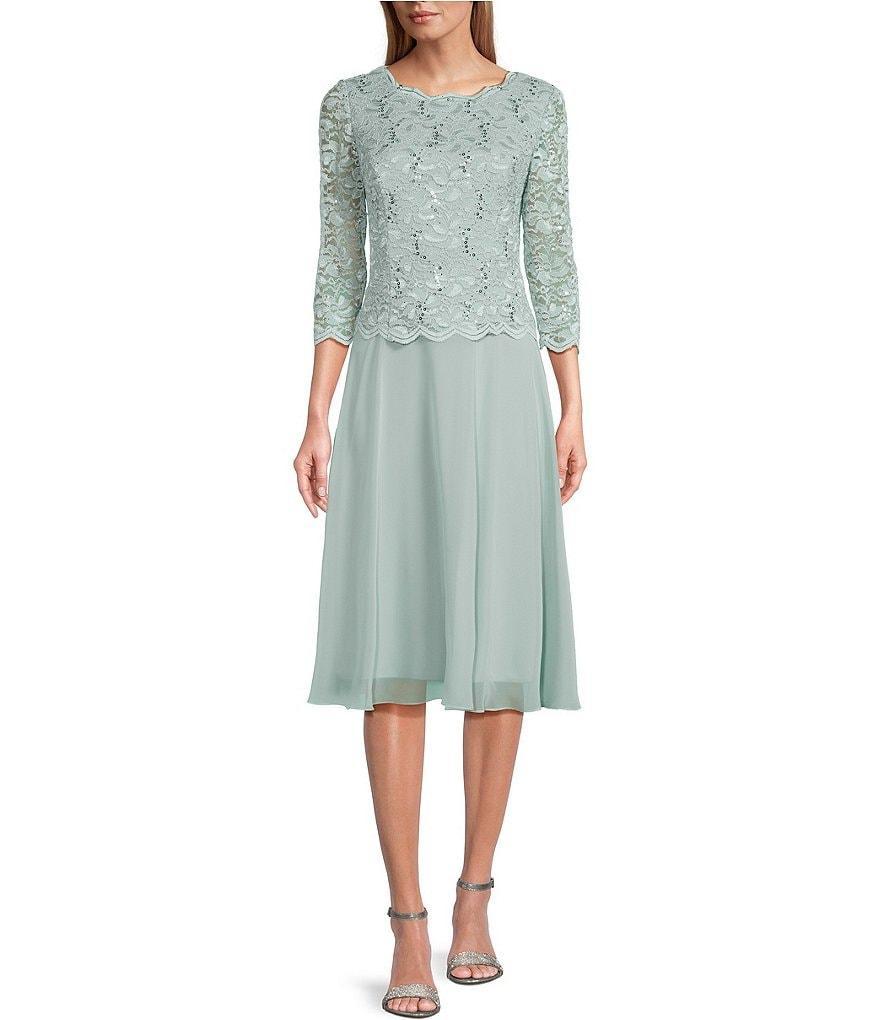 Alex Evenings Crew Neck 3/4 Sleeve Sequin Floral Lace Bodice Chiffon A-Line Midi Dress Product Image