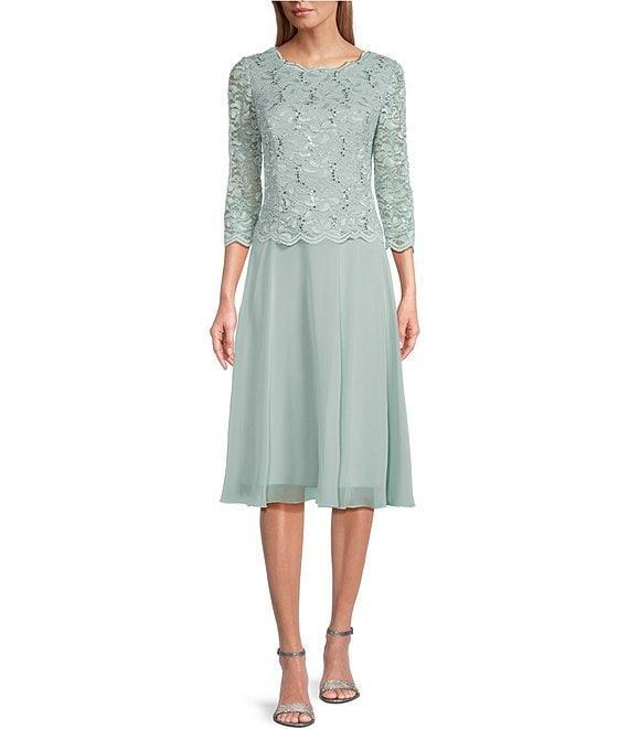 Alex Evenings Crew Neck 3/4 Sleeve Sequin Floral Lace Bodice Chiffon A-Line Midi Dress Product Image