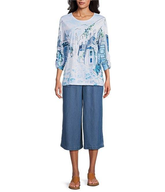 Allison Daley Petite Size Coastal Retreat Print 3/4 Ruched Sleeve Crew Neck Knit Top Product Image