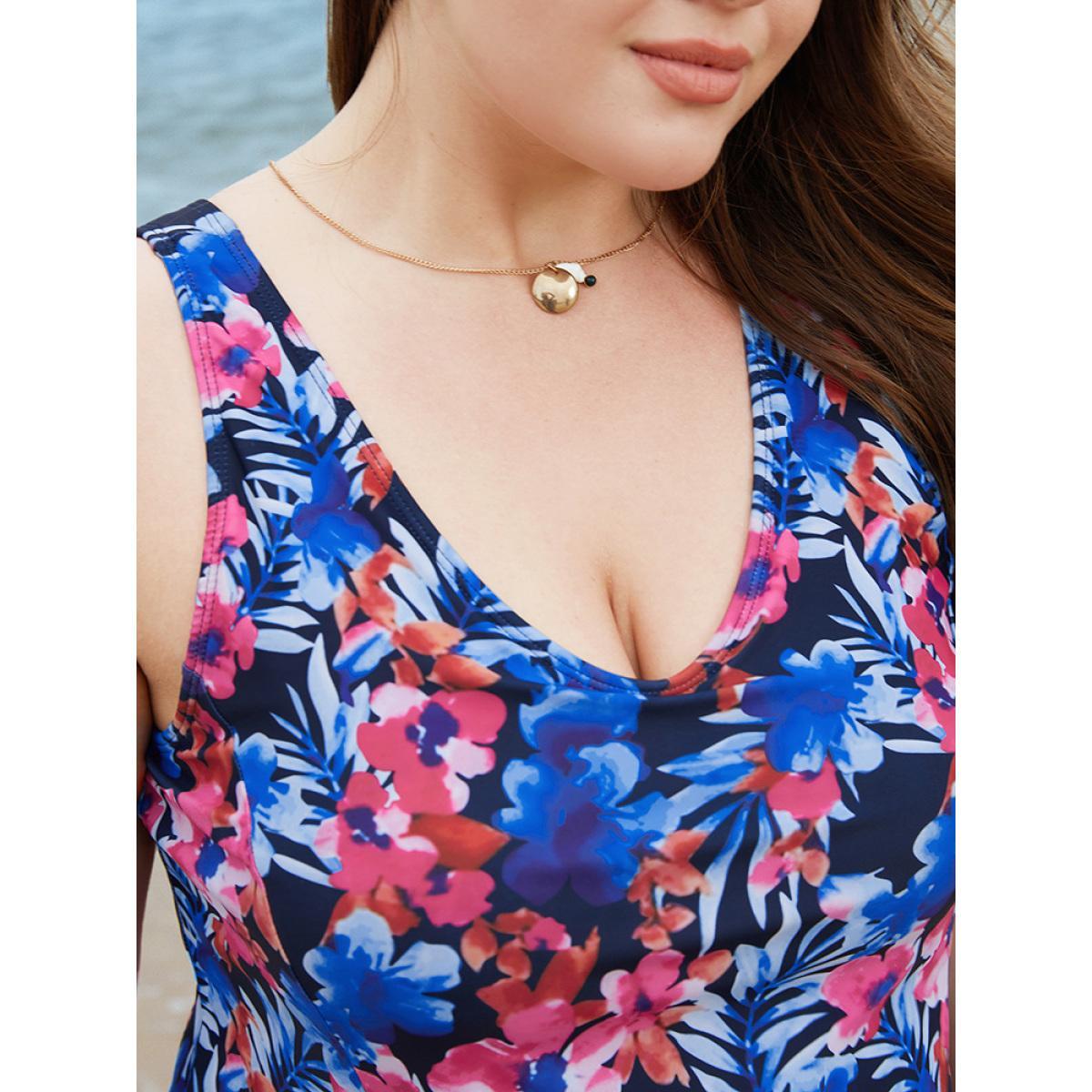 Plus Size Floral Print Ruffles Sculpt Waist A Line Swim Dress Women's Swimwear BlackFlower Vacation Bodycon V-neck High stretch Curve Swim Dresses BloomChic 28/5X Product Image