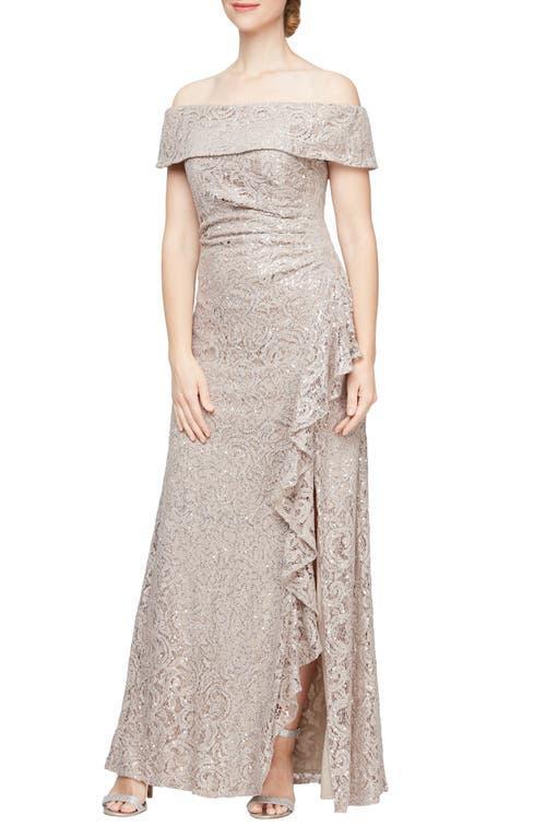 Alex Evenings Long Sequins Lace Dress (Buff) Women's Dress Product Image