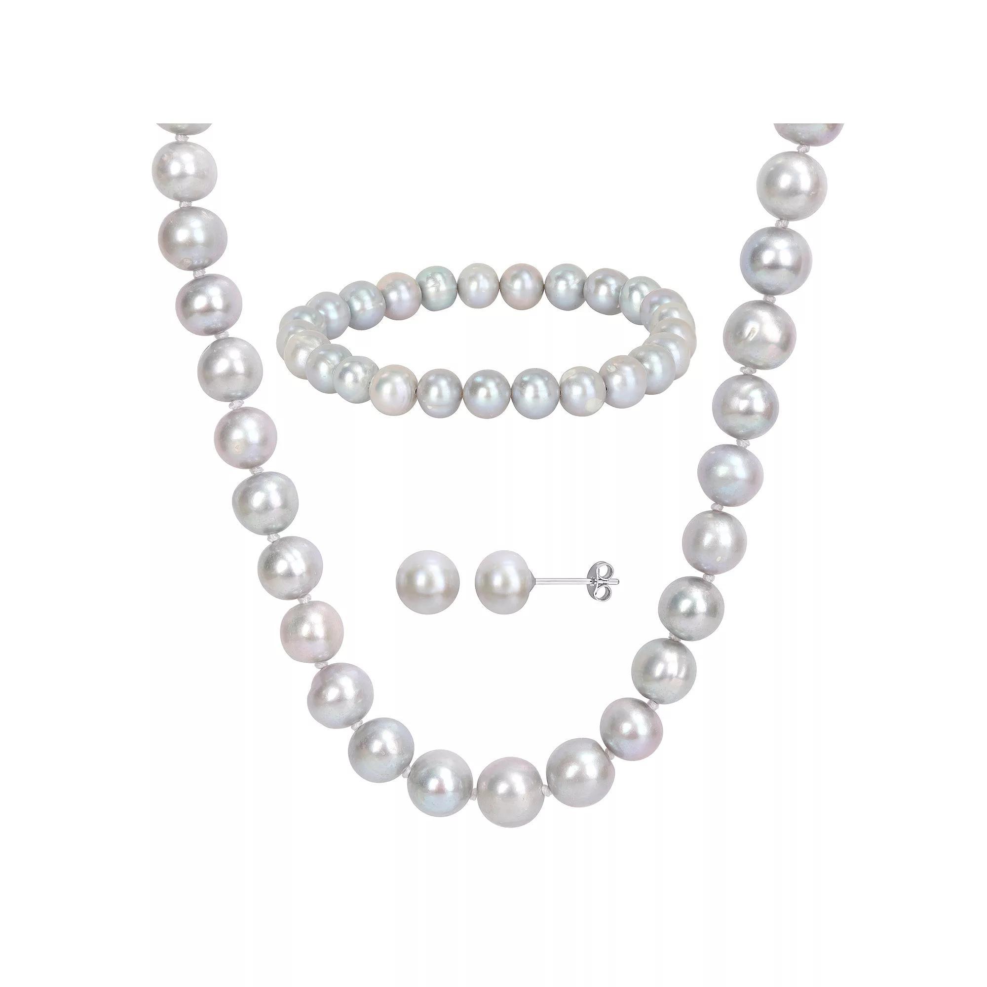 Stella Grace Grey Freshwater Cultured Pearl Necklace, Stretch Bracelet & Stud Earrings 3-piece Set, Women's, Size: 18", Sterling Product Image