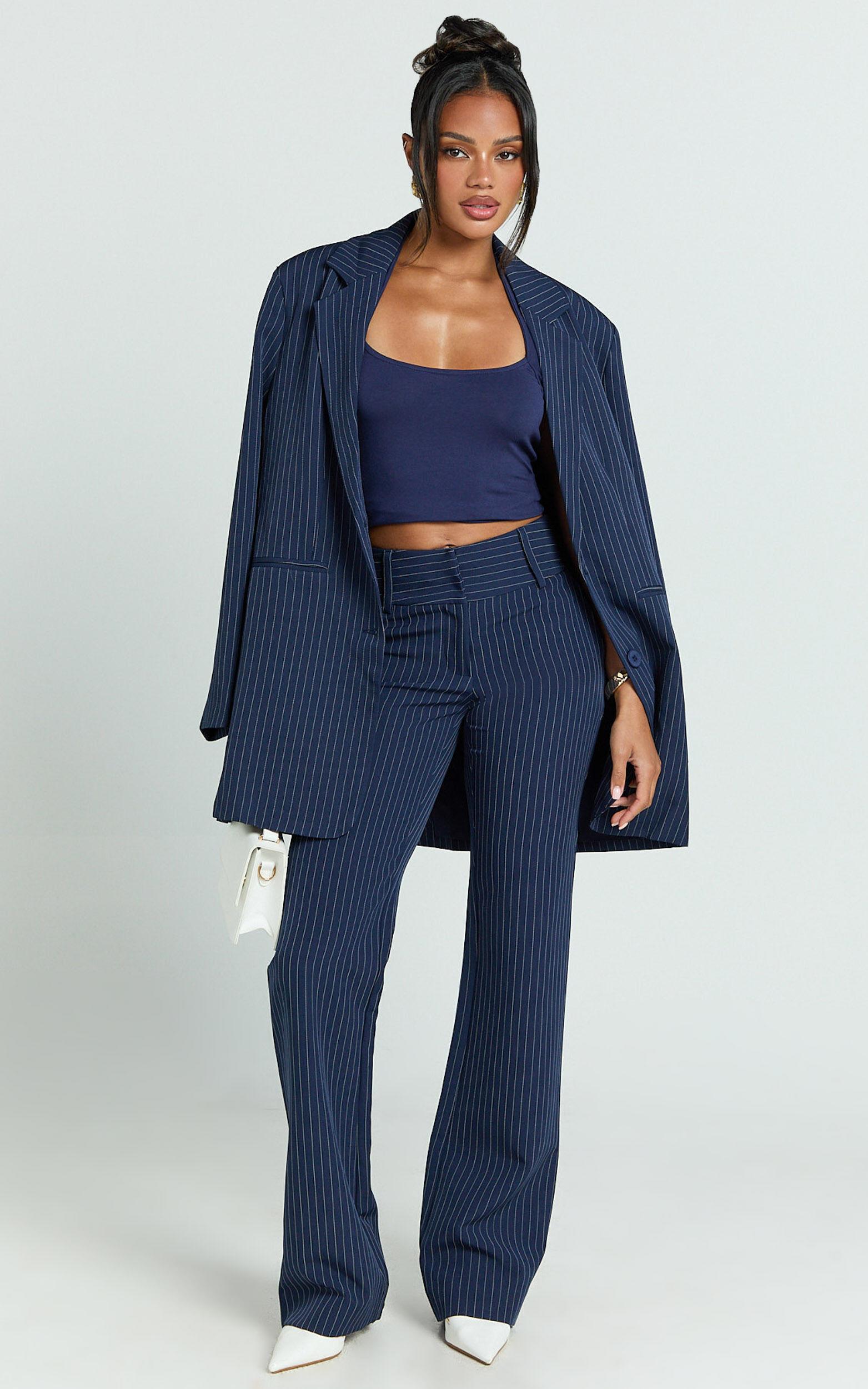 Elliot Jacket - Pinstripe Single Breasted Relaxed Shoulder Blazer in Navy Product Image