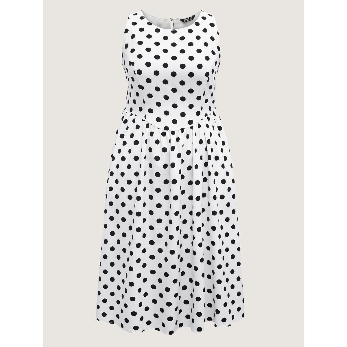 Plus Size Pretty Polka Dots Drop Waist Midi Dress Ivory Women Gathered Round Neck Sleeveless Curvy BloomChic 12/L Product Image
