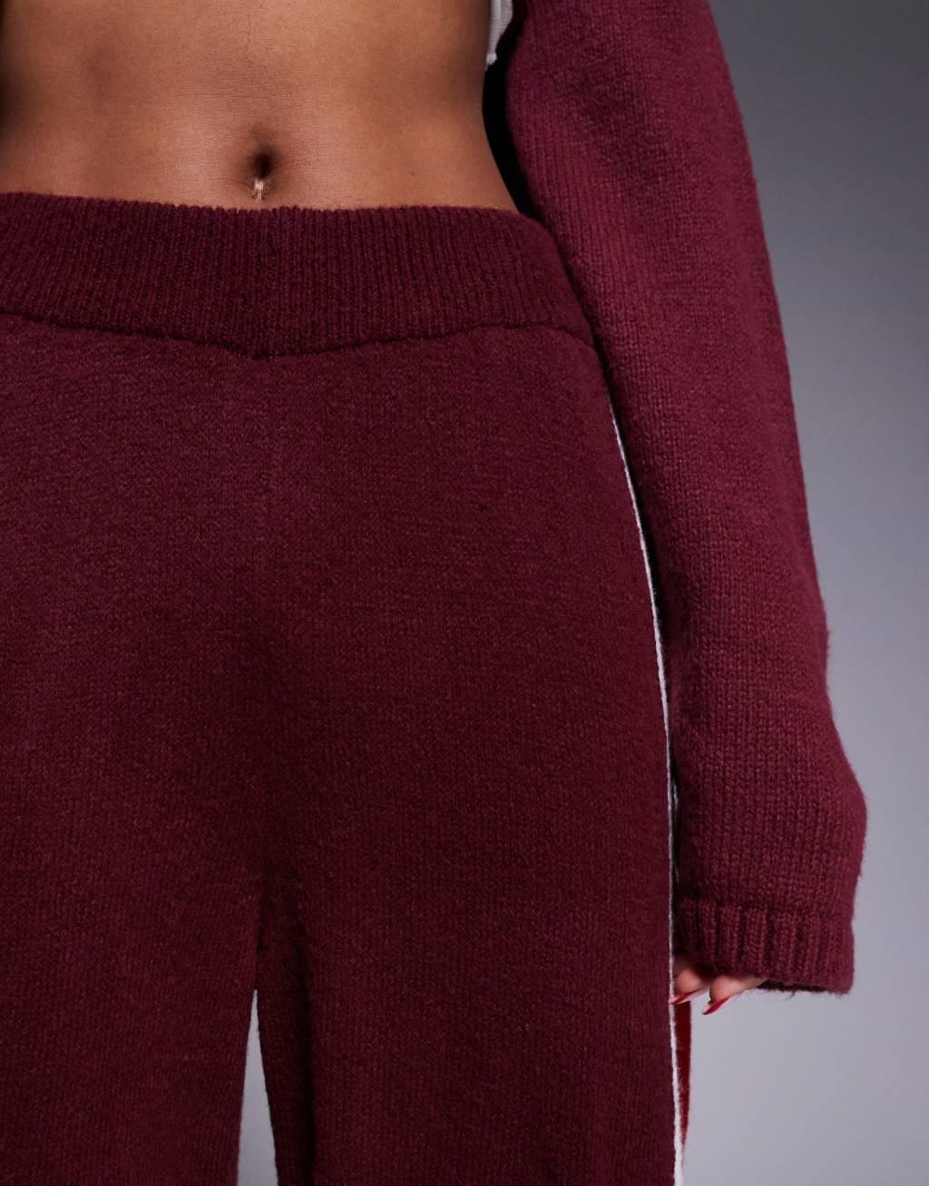ASOS DESIGN fluffy knit wide leg pants in burgundy - part of a set Product Image