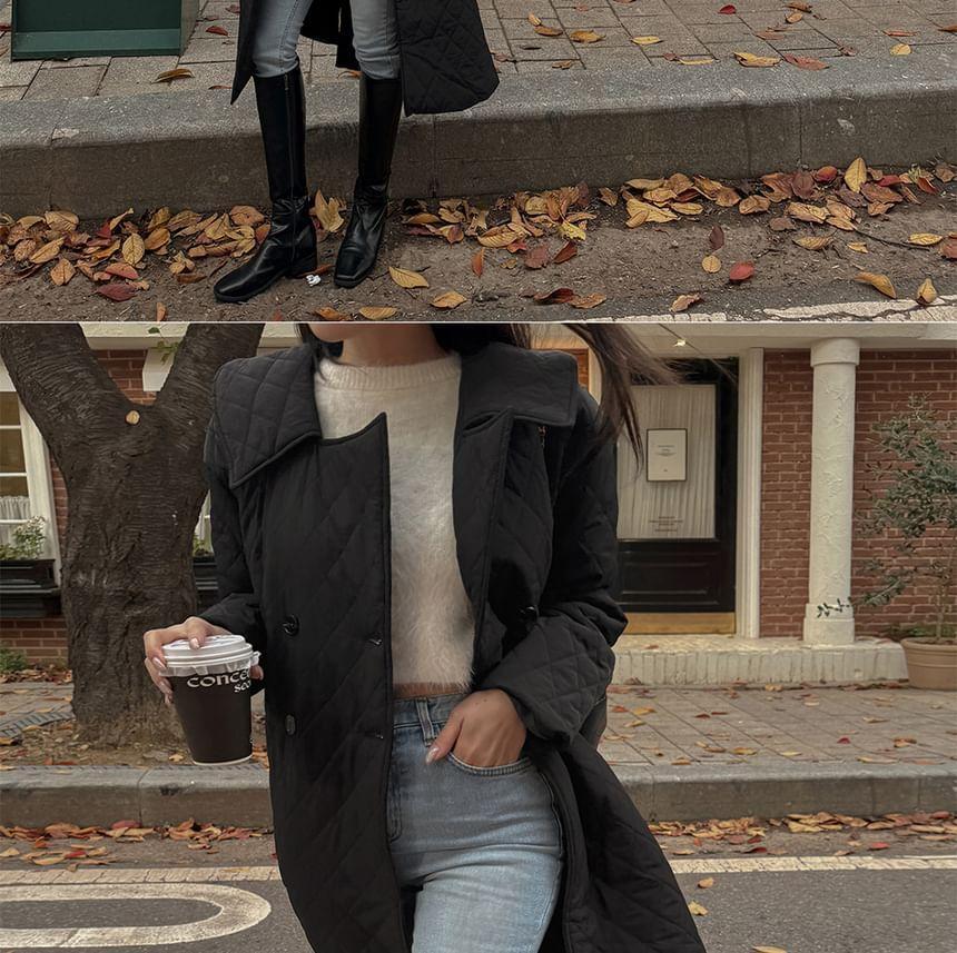 Long Sleeve Lapel Neck Quilted Belted Long Coat Product Image