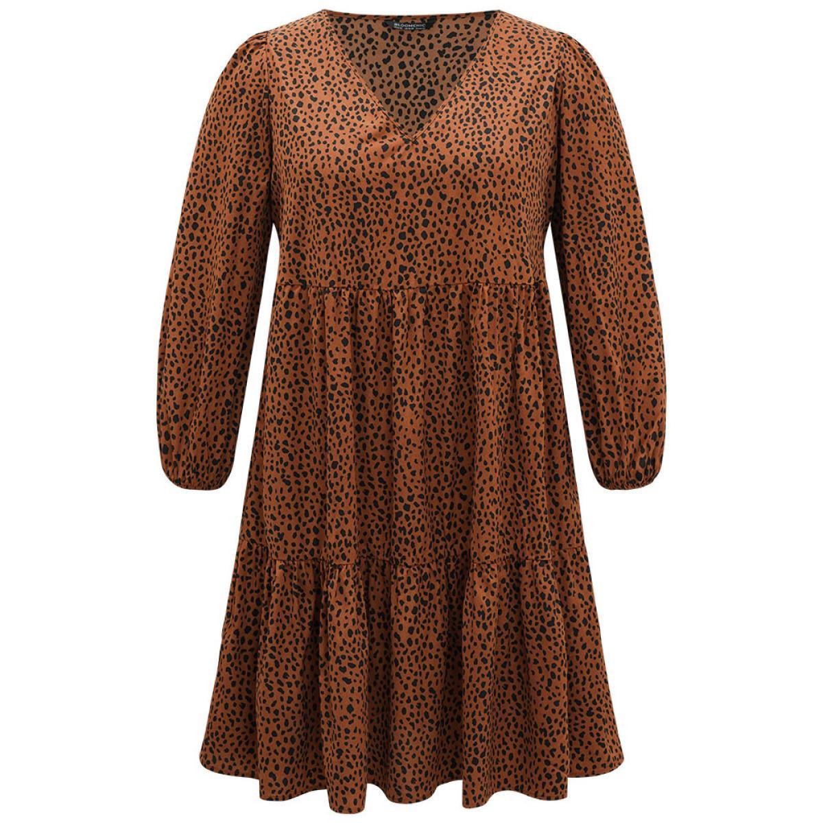 Plus Size Leopard Lantern Sleeve V Neck Pocket Dress Chocolate Women Elegant Elastic cuffs V-neck Long Sleeve Curvy Midi Dress BloomChic 26/4X Product Image