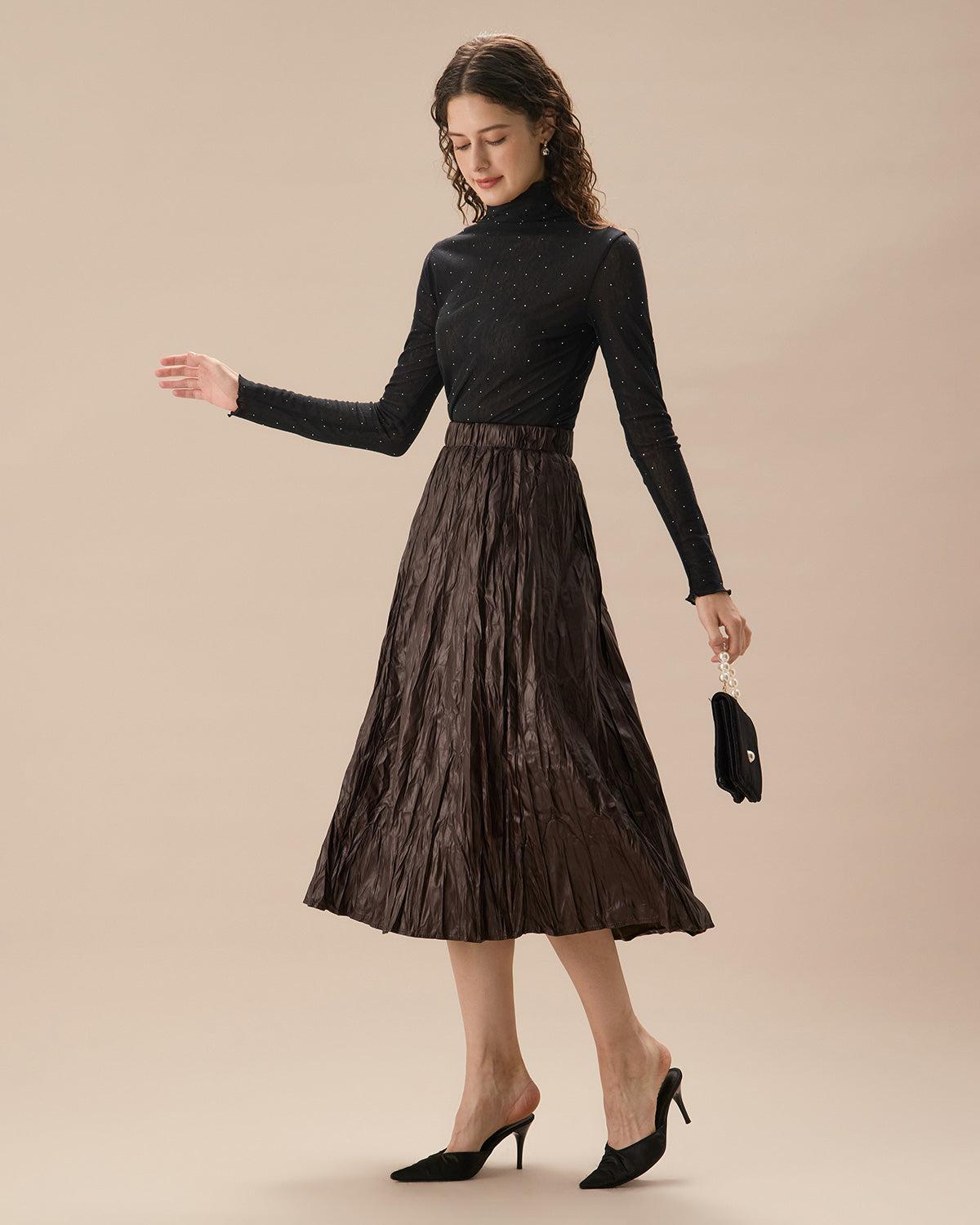 Coffee Elastic Waist Ruched Midi Skirt Product Image
