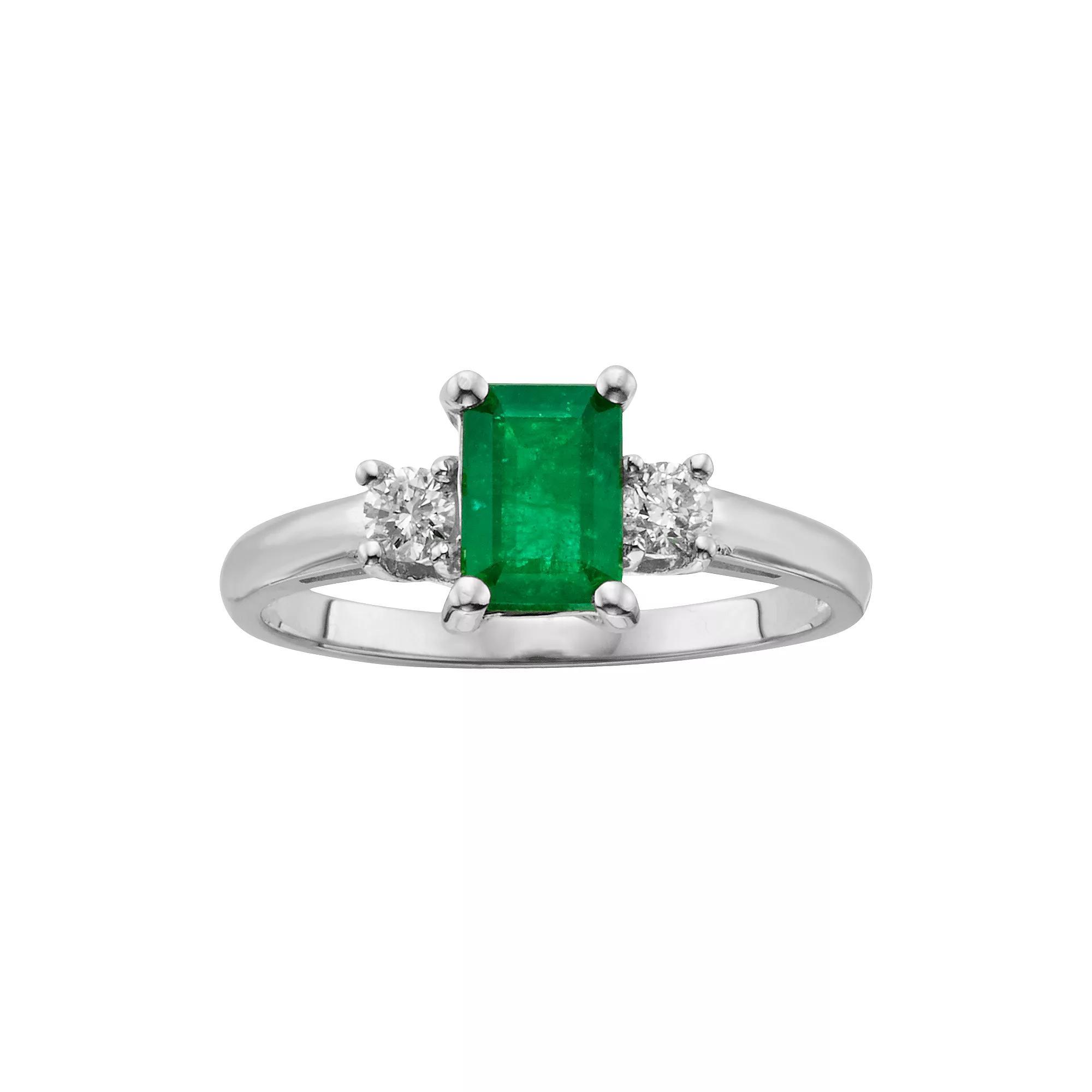 The Regal Collection 14k White Gold Genuine Emerald & 1/5-ct. T.W. IGL Certified Diamond 3-Stone Ring, Womens Green Product Image