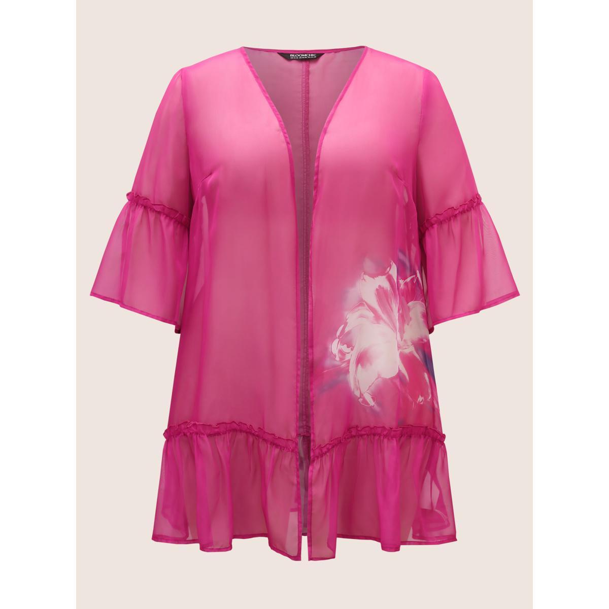 Plus Size Lily Print Mesh Patchwork Ruffles Kimono Women Peach Elegant Contrast Everyday Kimonos BloomChic 22-24/3X Product Image