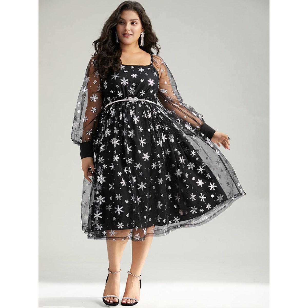 Plus Size Christmas Snowflake Glitter Mesh Square Neck Dress Black Women Party Gathered Square Neck Long Sleeve Curvy Midi Dress BloomChic 14-16/1X Product Image