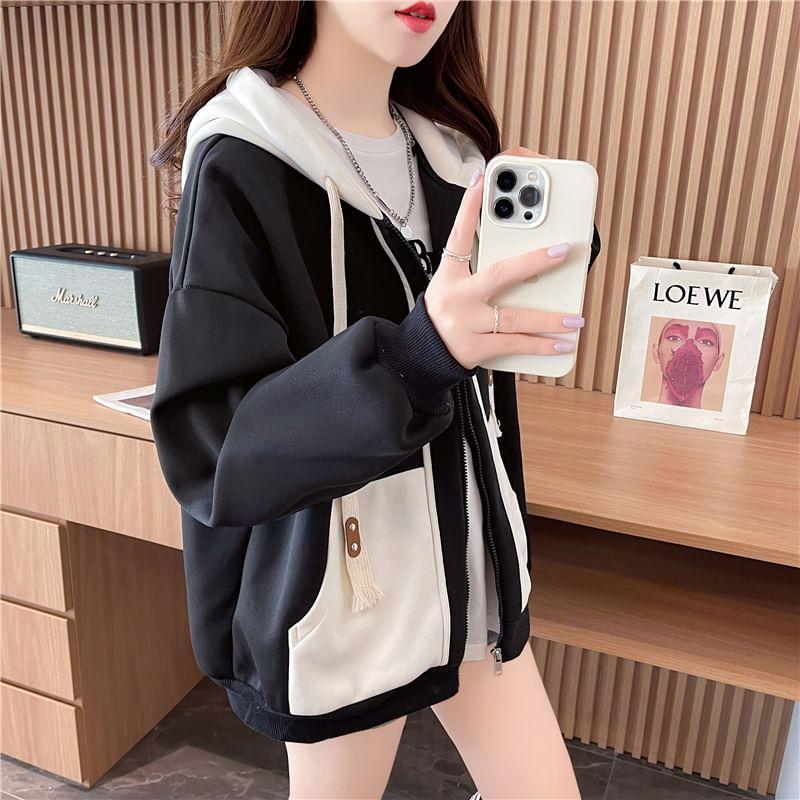 Two Tone Lettering Embroidered Zip-Up Hoodie Product Image