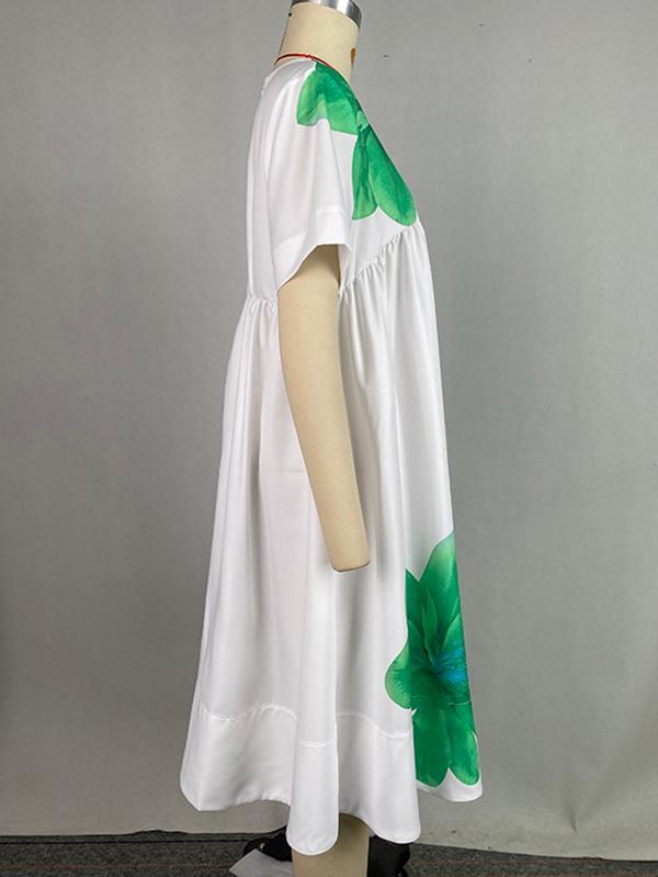 A-Line Loose Flower Print Pleated V-Neck Midi Dresses Product Image