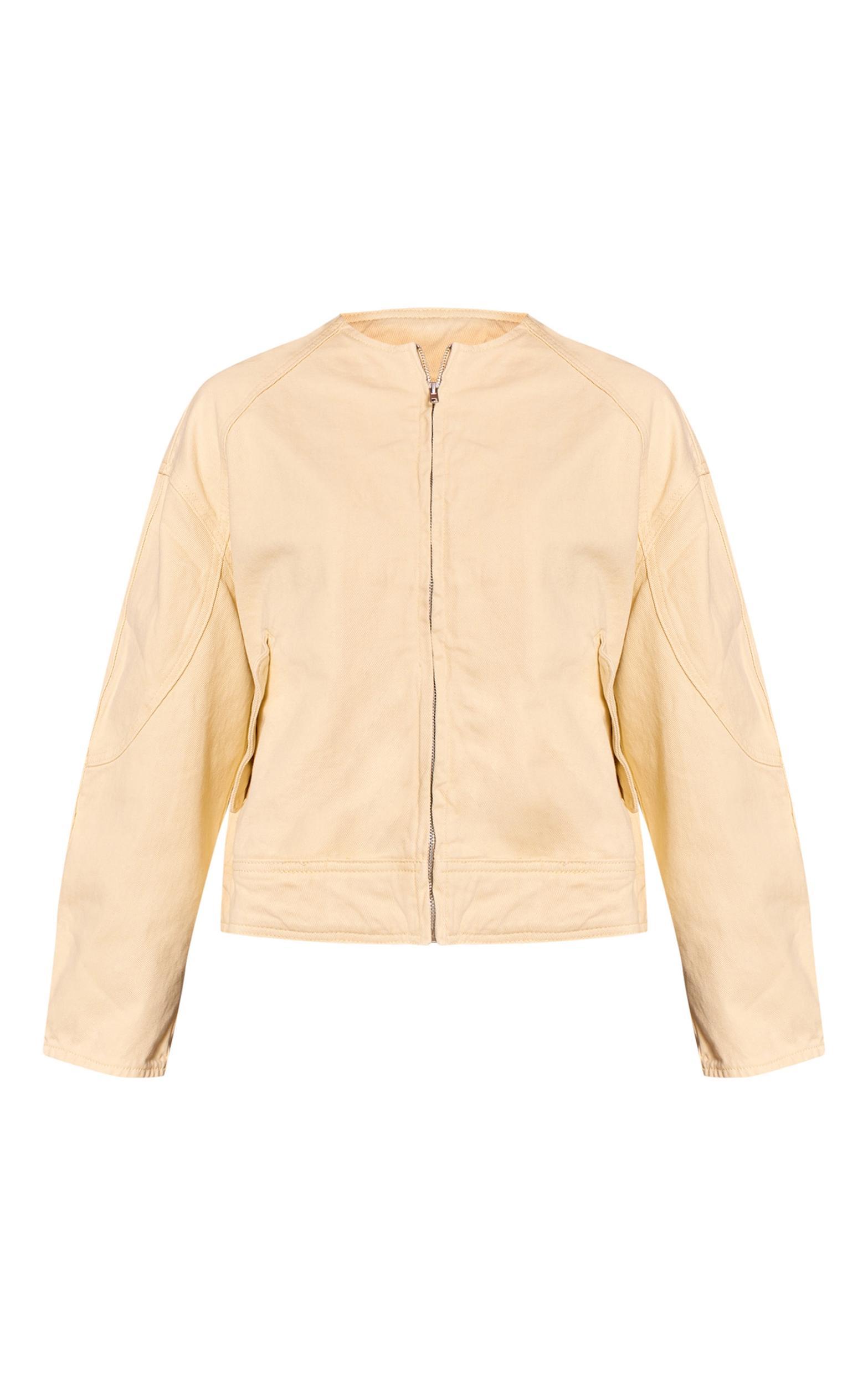 Butter Cream Round Neck Balloon Sleeve Denim Jacket Product Image