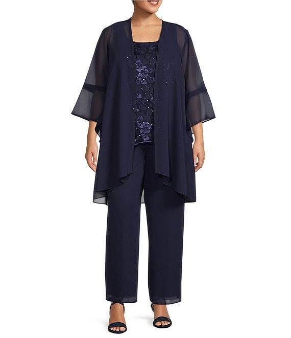 Le Bos Plus Size Georgette 3/4 Bell Sleeve Embroidered Sequin Scoop Neck 3-Piece Pant Set Product Image