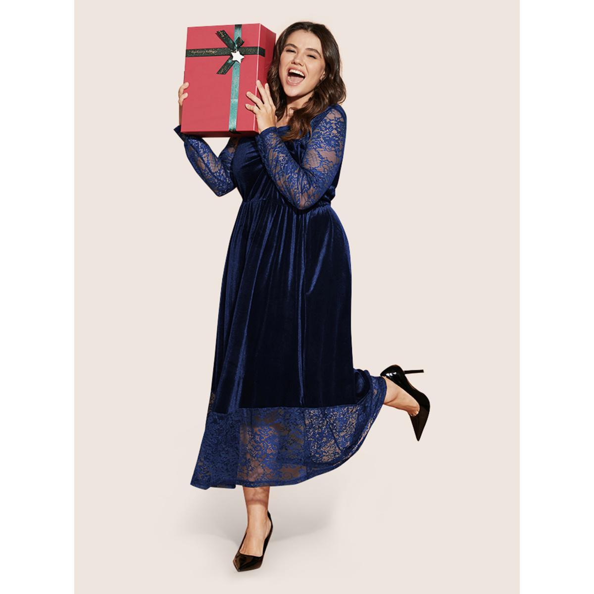 Plus Size Solid Contrast Lace Pocket Round Neck Velvet Dress DarkBlue Women Glamour Lace Round Neck Long Sleeve Curvy Midi Dress BloomChic 22-24/3X Product Image
