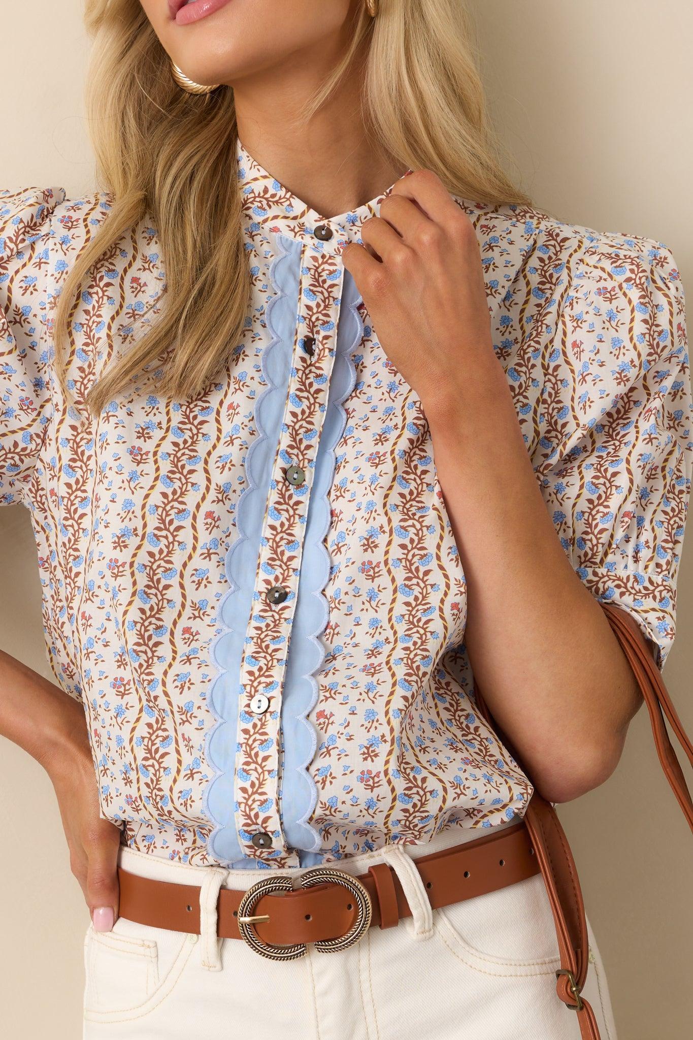 The Road Ahead Light Blue Floral Cotton Button Front Top Product Image