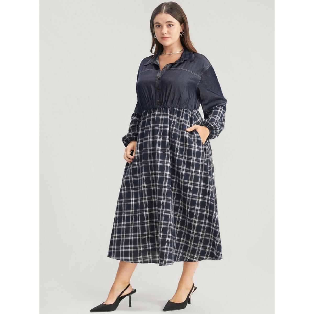 Plus Size Gingham Patchwork Button Pocket Shirt Collar Dress Without Belt Navy Women Office Patchwork Shirt collar Long Sleeve Curvy Midi Dress BloomChic 28/5X Product Image