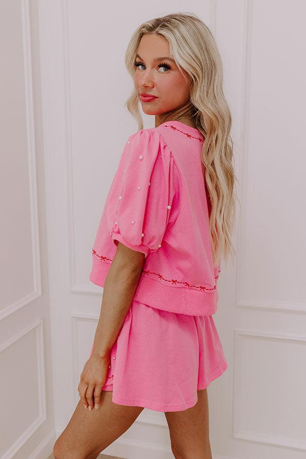 Bows And Kisses Pearl Embellished Top in Pink Product Image