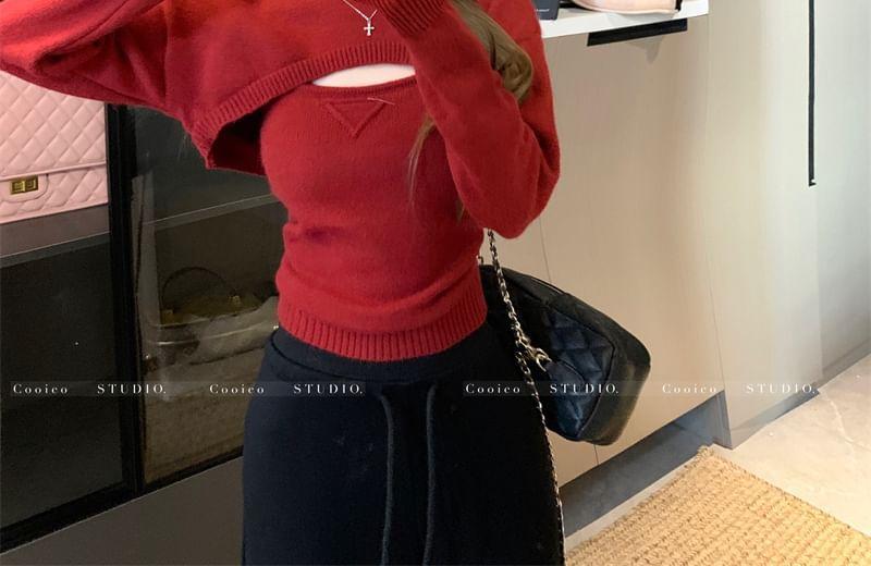 Set: Plain Knit Camisole Top + Crew Neck Shrug Sweater Product Image